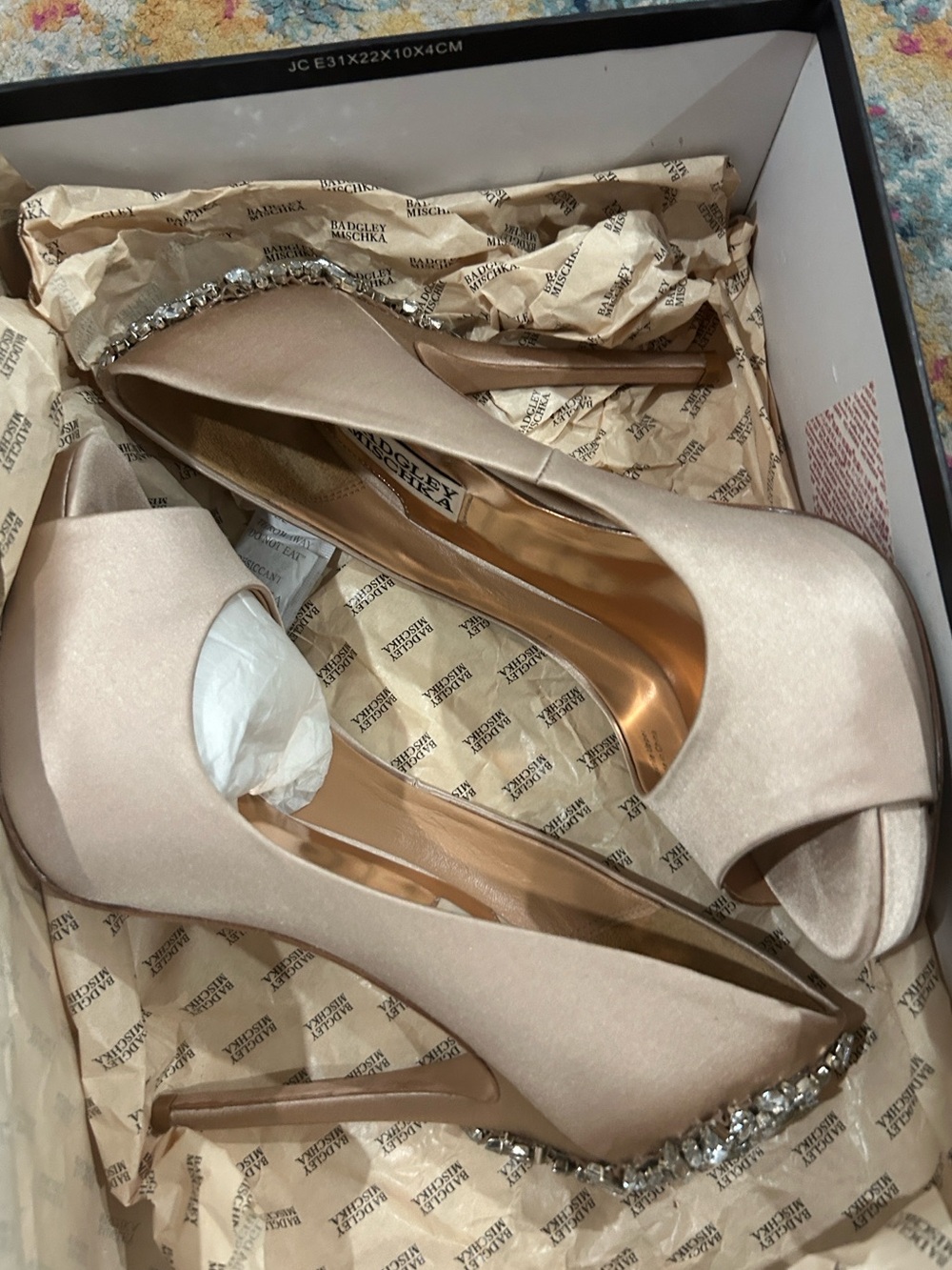Badgley Mischka Satin Open-Toe Heels with Jewel Heel - Picture 4 of 7
